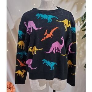 Forever 21 Womens Dinosaur Multicolor Knit Sweater Size M Colorful Retro 80s